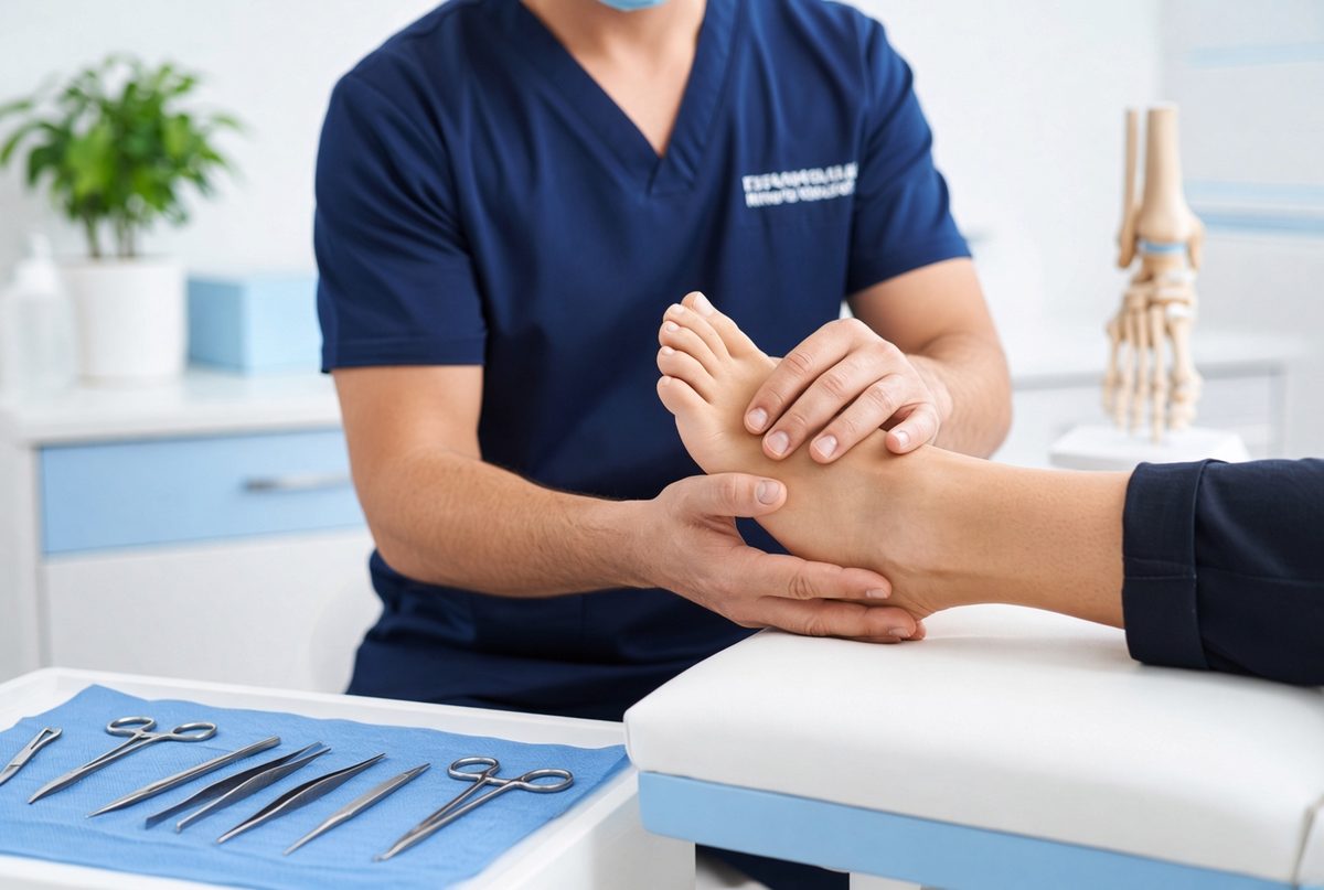 Podiatric surgeon examining a patient's foot in a clinic exam room